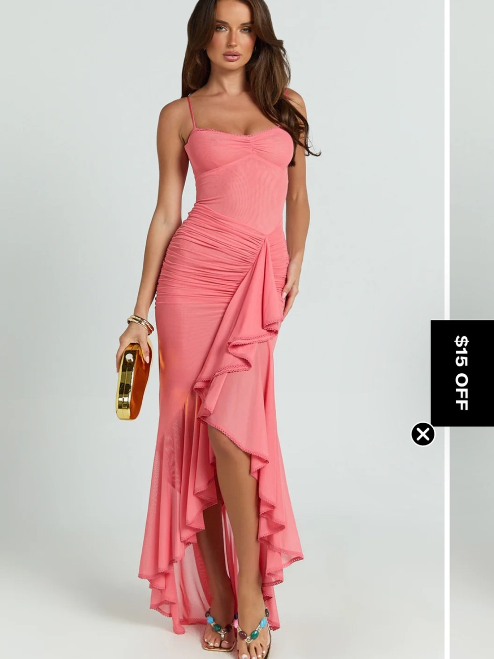 Showpo Brionna Coral Strawberry Pink Ruffled High-Low Maxi Dress